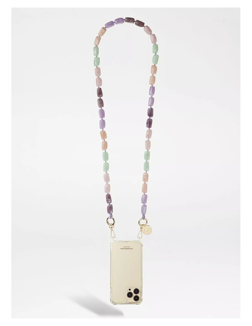Chaine bijoux Talia 120 cm perles violettes et roses aves fil violet et mousquetons dorés