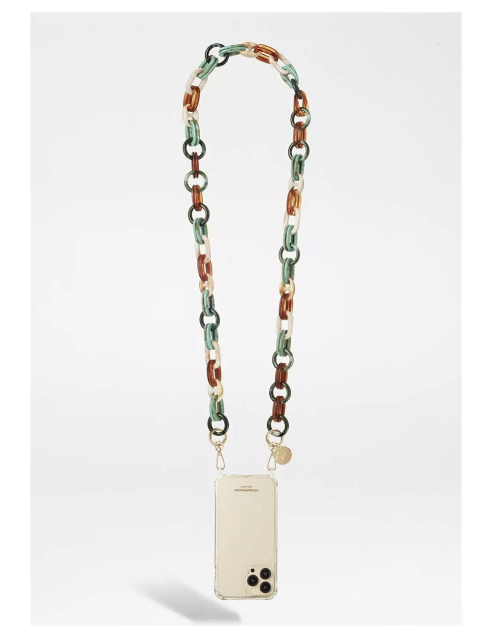 Chaine bijoux Molly 120 cm résine dégradés vert et marrons et mousquetons dorés