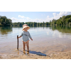 Chapeau anti-UV réversible enfants - Rayés, blanc cassé pêche