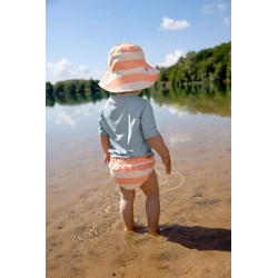 Chapeau anti-UV réversible enfants - Rayés, blanc cassé pêche