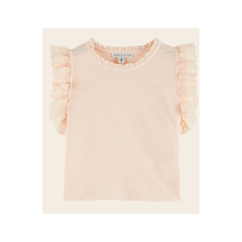 T-shirt coton bio broderie anglaise rose pastel