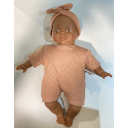 Poupon Ondine -collection babies - Body shorty en coton pointillé cassonade et son headband